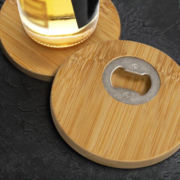 Bamboo Bottle Opener Coaster Set of 2 - Round - Image 4