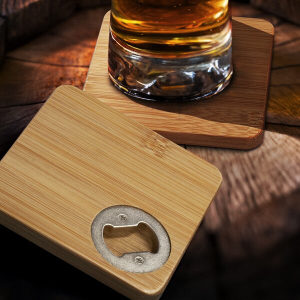 Bamboo Bottle Opener Coaster Set of 2 - Square - Image 4