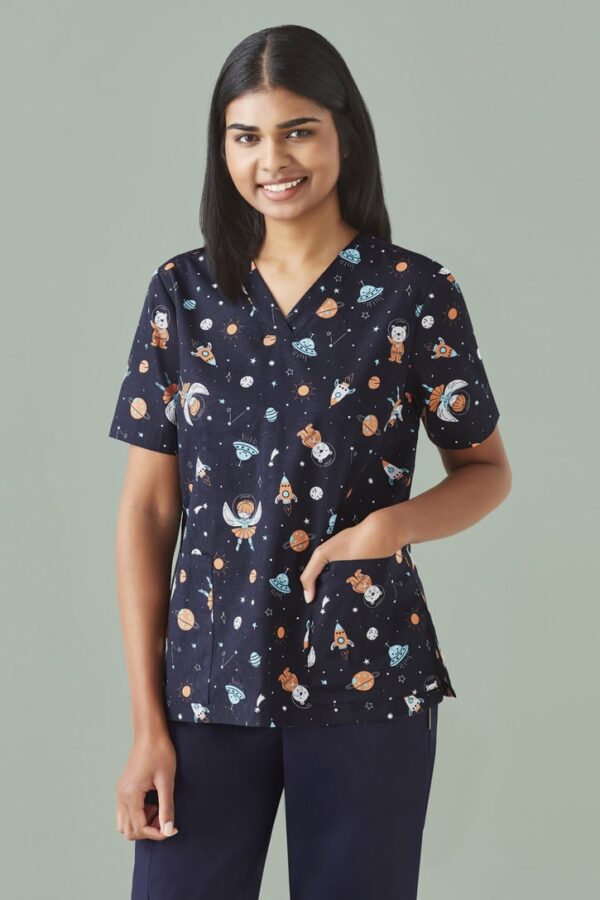 Womens Printed Space Party Scrub Top - Image 2