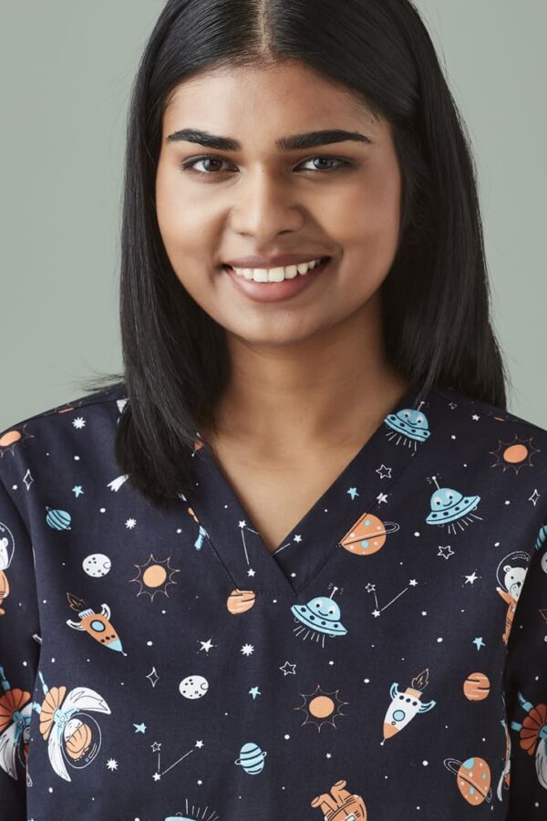 Womens Printed Space Party Scrub Top - Image 4