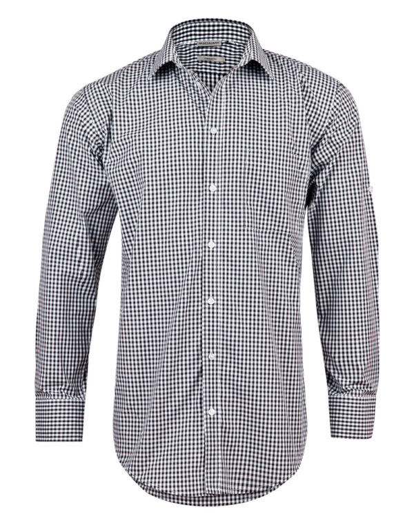 Men’s Gingham Check Long Sleeve Shirt With Roll Up Tab Sleeve - Image 3
