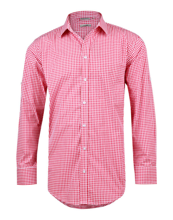Men’s Gingham Check Long Sleeve Shirt With Roll Up Tab Sleeve - Image 5