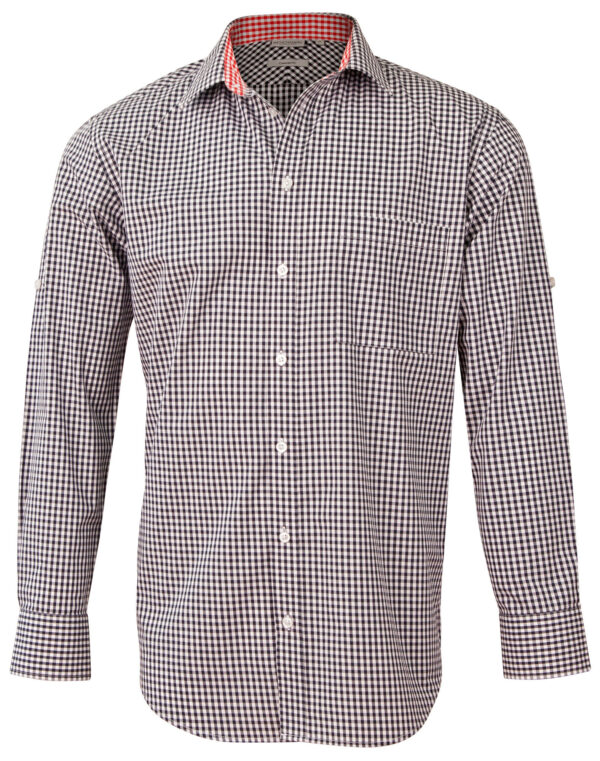 Men’s Gingham Check Long Sleeve Shirt With Roll Up Tab Sleeve - Image 4