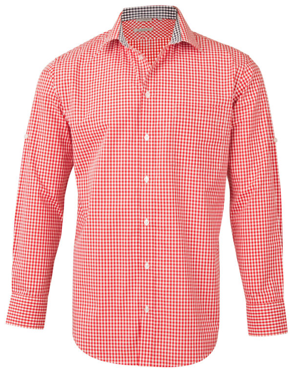 Men’s Gingham Check Long Sleeve Shirt With Roll Up Tab Sleeve - Image 5