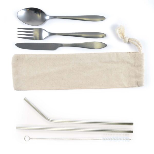 Banquet Stainless Steel Cutlery & Straw Set in Calico Pouch - Image 3
