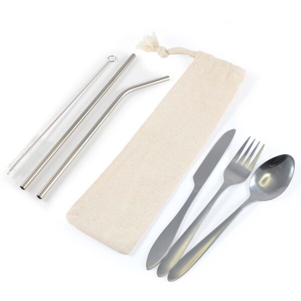 Banquet Stainless Steel Cutlery & Straw Set in Calico Pouch - Image 2
