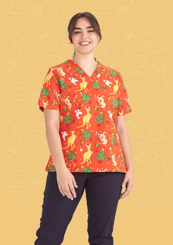Womens Christmas V-Neck Short Sleeve Scrub Top - Image 2