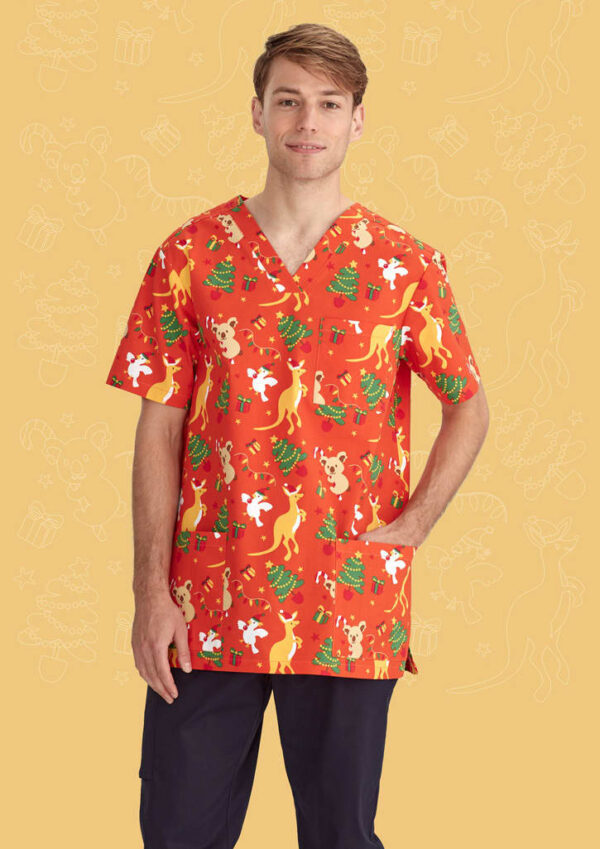 Mens Christmas V-Neck Short Sleeve Scrub Top - Image 2