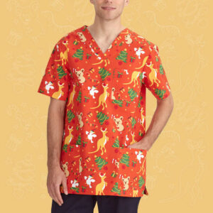 Mens Christmas V-Neck Short Sleeve Scrub Top