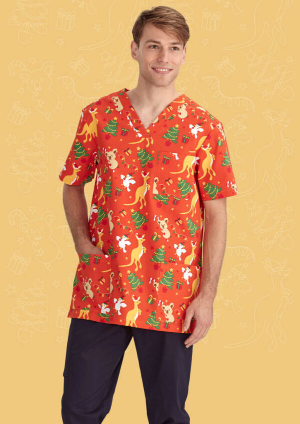 Mens Christmas V-Neck Short Sleeve Scrub Top - Image 3