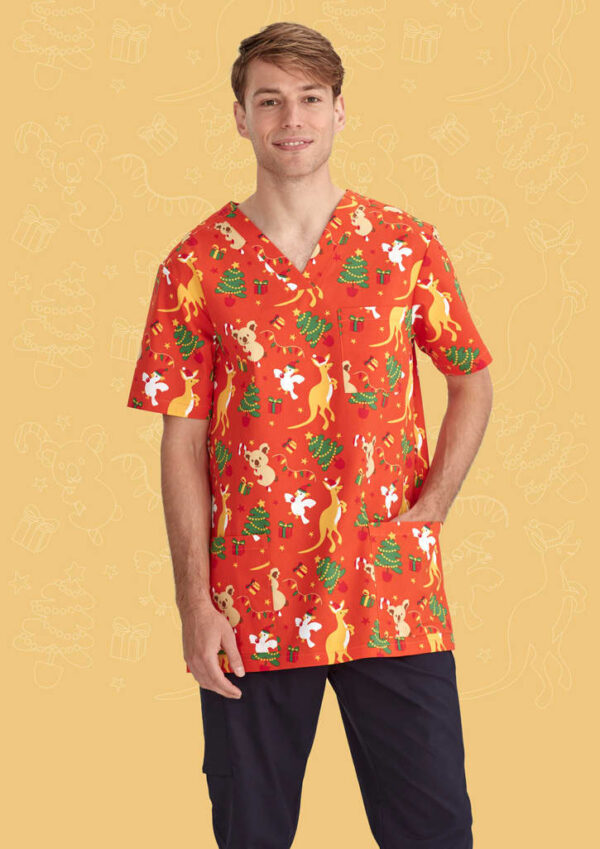 Mens Christmas V-Neck Short Sleeve Scrub Top - Image 4